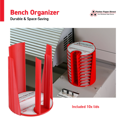 Kit of 10 Rewritable Red Lids for 3" Core Media Rolls + 1 Blue Bench Organizer for 2" & 3" Cores – Durable Storage & Organization for Print Shops and Studios