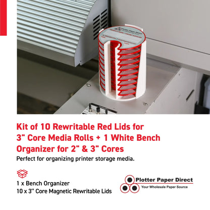 Kit of 10 Rewritable Red Lids for 3" Core Media Rolls + 1 White Bench Organizer for 2" & 3" Cores – Durable Storage & Organization for Print Shops and Studios