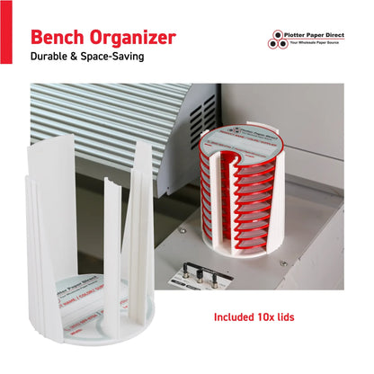 Kit of 10 Rewritable Red Lids for 3" Core Media Rolls + 1 White Bench Organizer for 2" & 3" Cores – Durable Storage & Organization for Print Shops and Studios