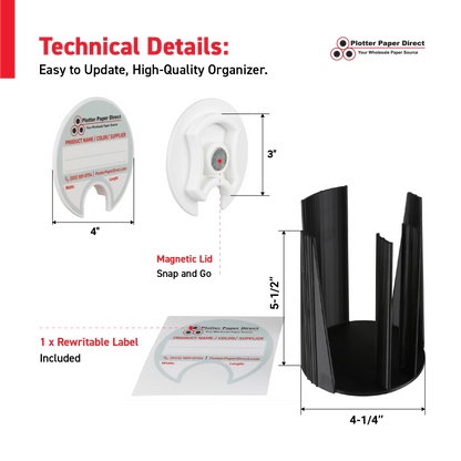 Kit of 10 Rewritable White Lids for 3" Core Media Rolls + 1 Black Bench Organizer for 2" & 3" Cores – Durable Storage & Organization for Print Shops and Studios