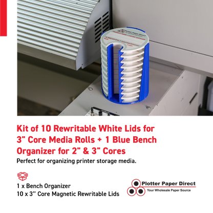Kit of 10 Rewritable White Lids for 3" Core Media Rolls + 1 Blue Bench Organizer for 2" & 3" Cores – Durable Storage & Organization for Print Shops and Studios