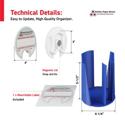 Kit of 10 Rewritable White Lids for 3" Core Media Rolls + 1 Blue Bench Organizer for 2" & 3" Cores – Durable Storage & Organization for Print Shops and Studios