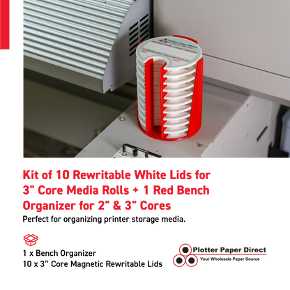 Kit of 10 Rewritable White Lids for 3" Core Media Rolls + 1 Red Bench Organizer for 2" & 3" Cores – Durable Storage & Organization for Print Shops and Studios