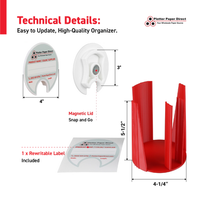 Kit of 10 Rewritable White Lids for 3" Core Media Rolls + 1 Red Bench Organizer for 2" & 3" Cores – Durable Storage & Organization for Print Shops and Studios