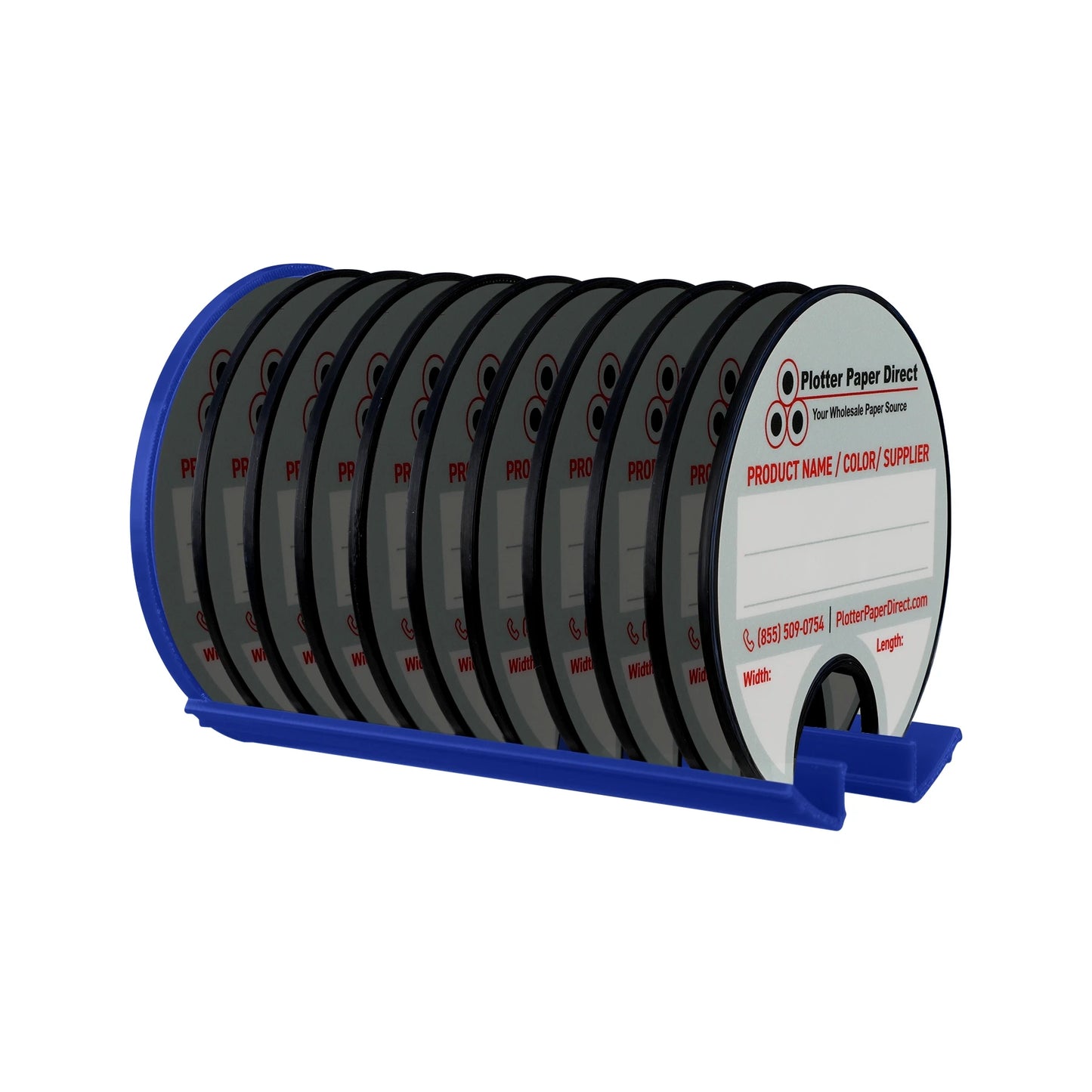 Kit of 10 Rewritable Black Lids for 3" Core Media Rolls + 1 Blue Magnetic Wall Organizer for 2" & 3" Cores – Durable Storage Solution for Print & Sign Shops