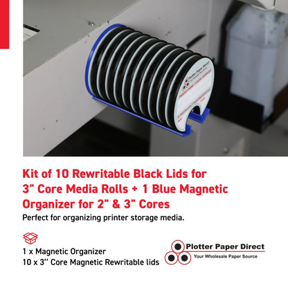 Kit of 10 Rewritable Black Lids for 3" Core Media Rolls + 1 Blue Magnetic Wall Organizer for 2" & 3" Cores – Durable Storage Solution for Print & Sign Shops