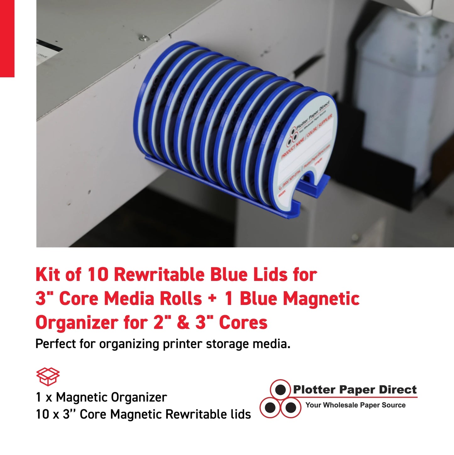 Kit of 10 Rewritable Blue Lids for 3" Core Media Rolls + 1 Blue Bench Organizer for 2" & 3" Cores – Durable Storage & Organization for Print Shops and Studios