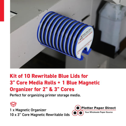 Kit of 10 Rewritable Blue Lids for 3" Core Media Rolls + 1 Blue Bench Organizer for 2" & 3" Cores – Durable Storage & Organization for Print Shops and Studios