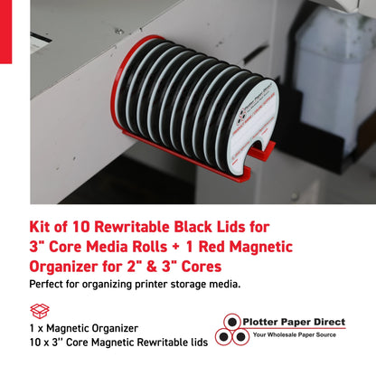 Kit of 10 Rewritable Black Lids for 3" Core Media Rolls + 1 Red Magnetic Wall Organizer for 2" & 3" Cores – Durable Storage Solution for Print & Sign Shops