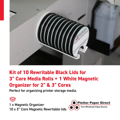 Kit of 10 Rewritable Black Lids for 3" Core Media Rolls + 1 White Magnetic Wall Organizer for 2" & 3" Cores – Durable Storage Solution for Print & Sign Shops
