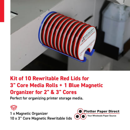 Kit of 10 Rewritable Red Lids for 3" Core Media Rolls + 1 Blue Magnetic Wall Organizer for 2" & 3" Cores – Durable Storage Solution for Print & Sign Shops