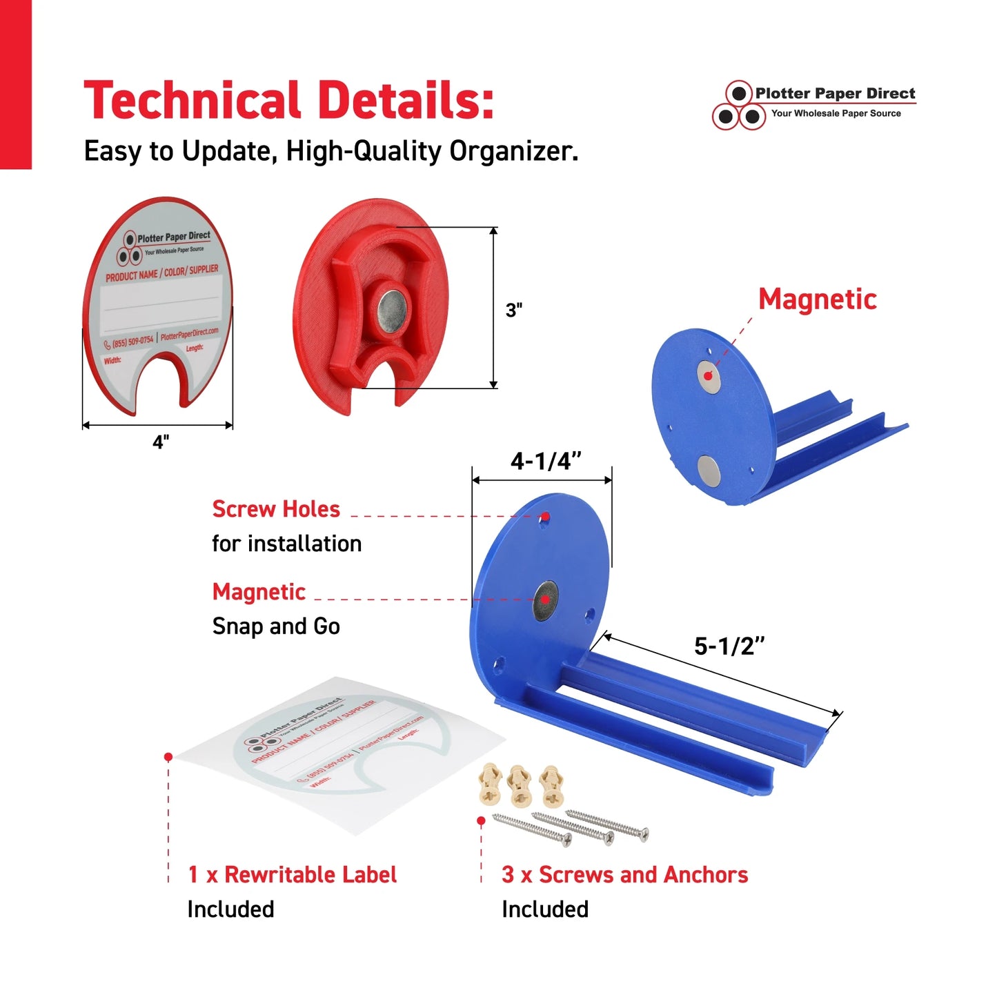 Kit of 10 Rewritable Red Lids for 3" Core Media Rolls + 1 Blue Magnetic Wall Organizer for 2" & 3" Cores – Durable Storage Solution for Print & Sign Shops
