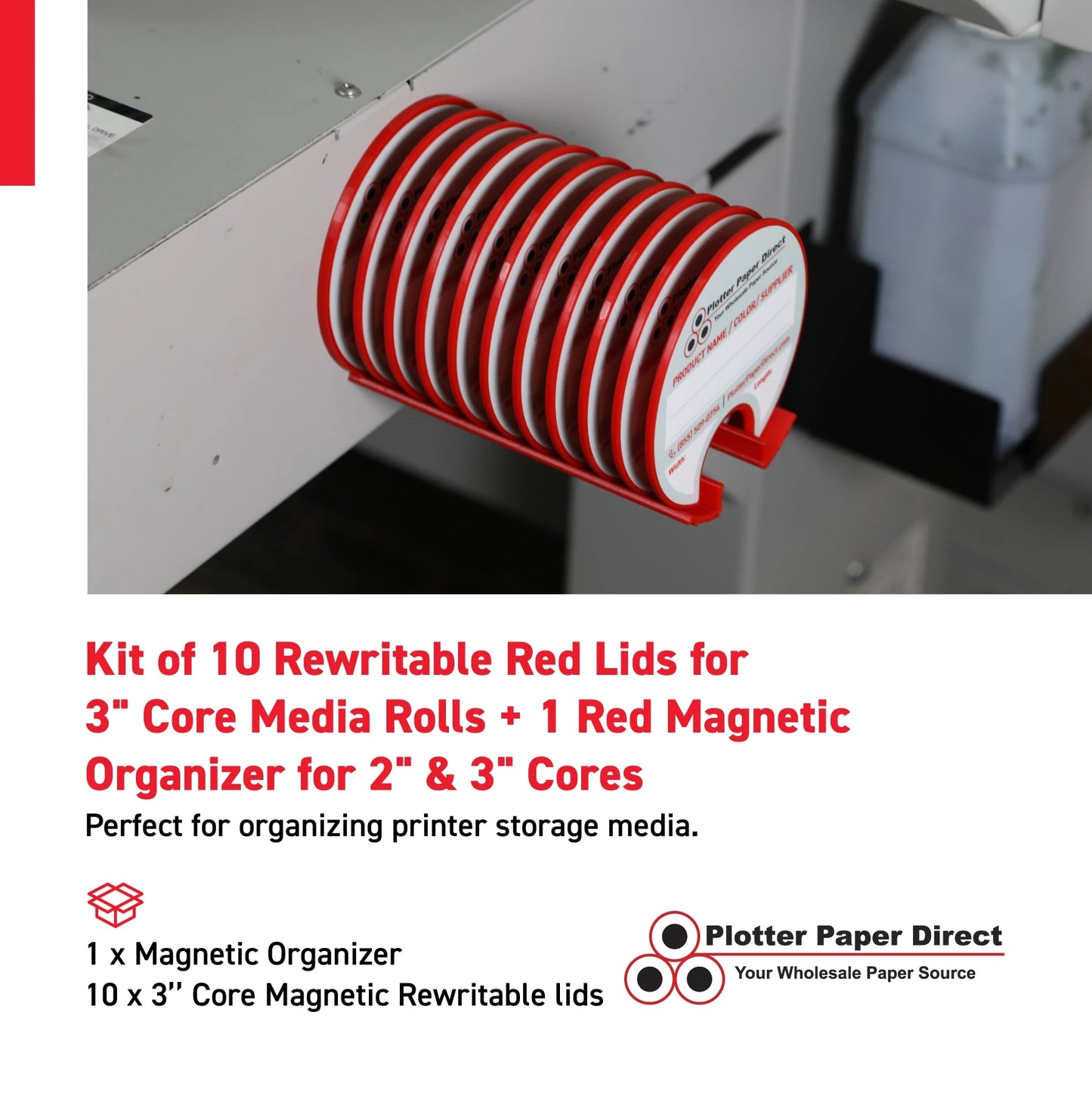 Kit of 10 Rewritable Red Lids for 3" Core Media Rolls + 1 Red Magnetic Wall Organizer for 2" & 3" Cores – Durable Storage Solution for Print & Sign Shops