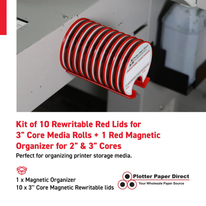 Kit of 10 Rewritable Red Lids for 3" Core Media Rolls + 1 Red Magnetic Wall Organizer for 2" & 3" Cores – Durable Storage Solution for Print & Sign Shops