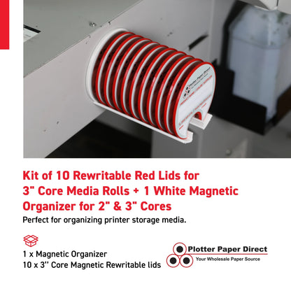 Kit of 10 Rewritable Red Lids for 3" Core Media Rolls + 1 White Magnetic Wall Organizer for 2" & 3" Cores – Durable Storage Solution for Print & Sign Shops