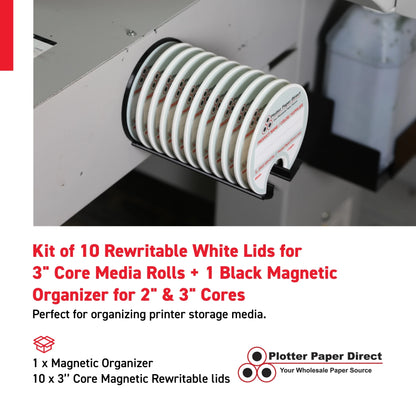 Kit of 10 Rewritable White Lids for 3" Core Media Rolls + 1 Black Magnetic Wall Organizer for 2" & 3" Cores – Durable Storage Solution for Print & Sign Shops