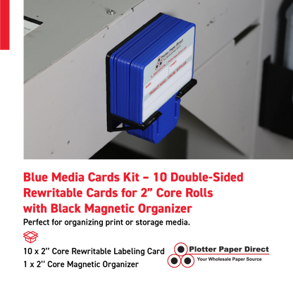 Blue MediaCards Kit for Vinyl Roll Storage – 10 Writable Double-Sided Cards for 2" Core Rolls with Black Magnetic Organizer – Label & Track Media Easily