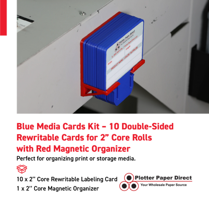 Blue MediaCards Kit for Vinyl Roll Storage – 10 Writable Double-Sided Cards for 2" Core Rolls with Red Magnetic Organizer – Label & Track Media Easily