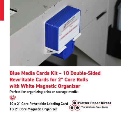 Blue MediaCards Kit for Vinyl Roll Storage – 10 Writable Double-Sided Cards for 2" Core Rolls with White Magnetic Organizer – Label & Track Media Easily