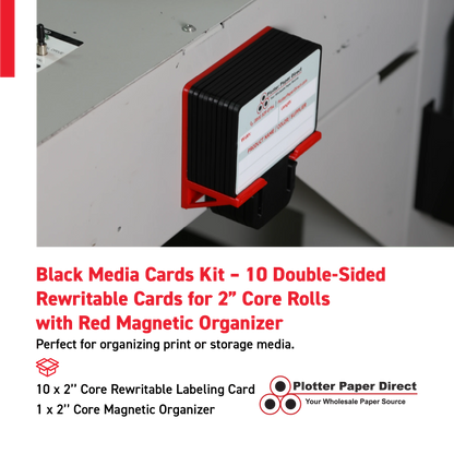 Black MediaCards Kit for Vinyl Roll Storage – 10 Writable Double-Sided Cards for 2" Core Rolls with Red Magnetic Organizer – Label & Track Media Easily