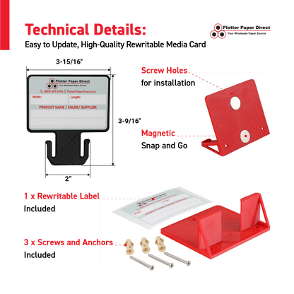 Black MediaCards Kit for Vinyl Roll Storage – 10 Writable Double-Sided Cards for 2" Core Rolls with Red Magnetic Organizer – Label & Track Media Easily