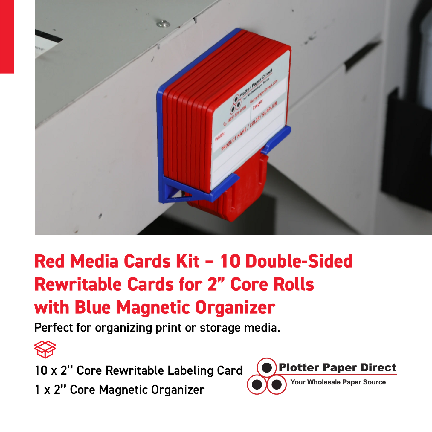 Red MediaCards Kit for Vinyl Roll Storage – 10 Writable Double-Sided Cards for 2" Core Rolls with Blue Magnetic Organizer – Label & Track Media Easily