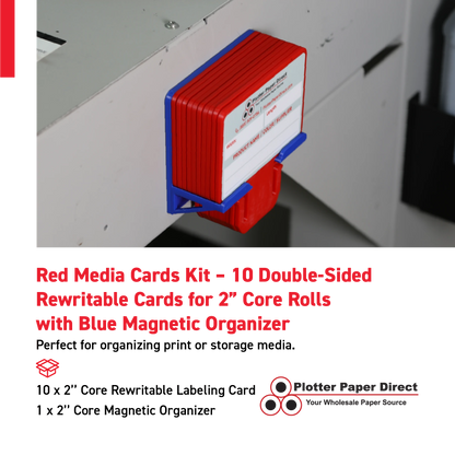 Red MediaCards Kit for Vinyl Roll Storage – 10 Writable Double-Sided Cards for 2" Core Rolls with Blue Magnetic Organizer – Label & Track Media Easily