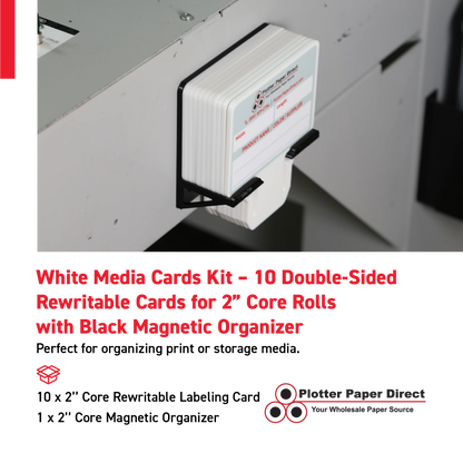 White MediaCards Kit for Vinyl Roll Storage – 10 Writable Double-Sided Cards for 2" Core Rolls with Black Magnetic Organizer – Label & Track Media Easily