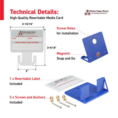 White MediaCards Kit for Vinyl Roll Storage – 10 Writable Double-Sided Cards for 2" Core Rolls with Blue Magnetic Organizer – Label & Track Media Easily