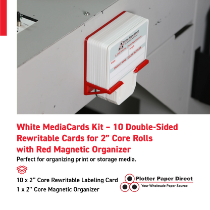 White MediaCards Kit for Vinyl Roll Storage – 10 Writable Double-Sided Cards for 2" Core Rolls with Red Magnetic Organizer – Label & Track Media Easily