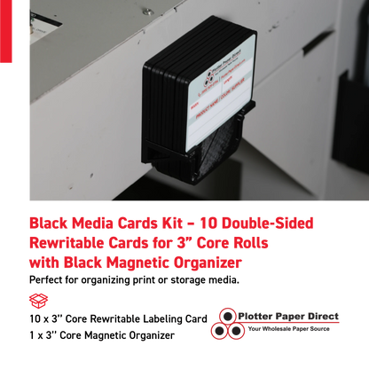 Black MediaCards Kit for Vinyl Roll Storage – 10 Writable Double-Sided Cards for 3" Core Rolls with Black Magnetic Organizer – Label & Track Media Easily