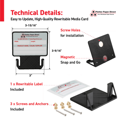 Black MediaCards Kit for Vinyl Roll Storage – 10 Writable Double-Sided Cards for 3" Core Rolls with Black Magnetic Organizer – Label & Track Media Easily