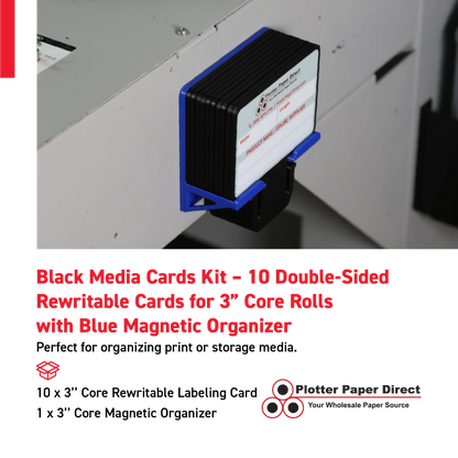 Black MediaCards Kit for Vinyl Roll Storage – 10 Writable Double-Sided Cards for 3" Core Rolls with Blue Magnetic Organizer – Label & Track Media Easily