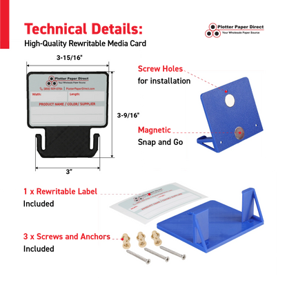 Black MediaCards Kit for Vinyl Roll Storage – 10 Writable Double-Sided Cards for 3" Core Rolls with Blue Magnetic Organizer – Label & Track Media Easily