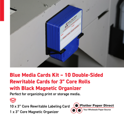 Blue MediaCards Kit for Vinyl Roll Storage – 10 Writable Double-Sided Cards for 3" Core Rolls with Black Magnetic Organizer – Label & Track Media Easily