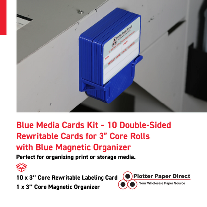 Blue MediaCards Kit for Vinyl Roll Storage – 10 Writable Double-Sided Cards for 3" Core Rolls with Blue Magnetic Organizer – Label & Track Media Easily