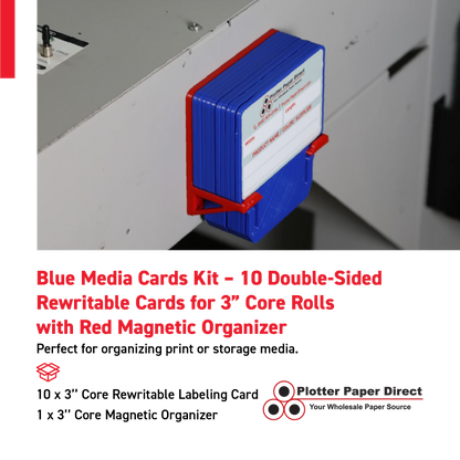 Blue MediaCards Kit for Vinyl Roll Storage – 10 Writable Double-Sided Cards for 3" Core Rolls with Red Magnetic Organizer – Label & Track Media Easily