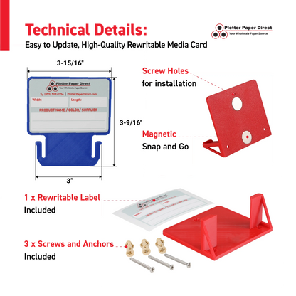Blue MediaCards Kit for Vinyl Roll Storage – 10 Writable Double-Sided Cards for 3" Core Rolls with Red Magnetic Organizer – Label & Track Media Easily