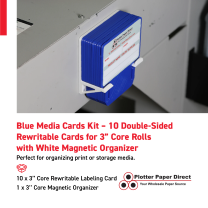 Blue MediaCards Kit for Vinyl Roll Storage – 10 Writable Double-Sided Cards for 3" Core Rolls with White Magnetic Organizer – Label & Track Media Easily