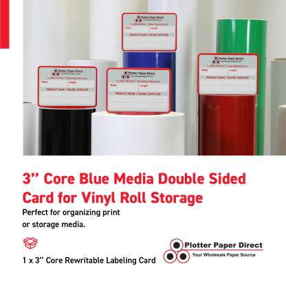 Blue MediaCards for Vinyl Roll Storage – Writable Labeling Cards for 3" Core Rolls – Double-Sided Design with Fields for Product & Order Info