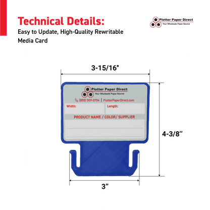 Blue MediaCards for Vinyl Roll Storage – Writable Labeling Cards for 3" Core Rolls – Double-Sided Design with Fields for Product & Order Info