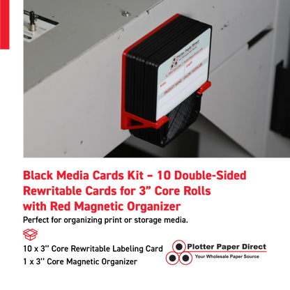 Black MediaCards Kit for Vinyl Roll Storage – 10 Writable Double-Sided Cards for 3" Core Rolls with Red Magnetic Organizer – Label & Track Media Easily