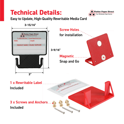 Black MediaCards Kit for Vinyl Roll Storage – 10 Writable Double-Sided Cards for 3" Core Rolls with Red Magnetic Organizer – Label & Track Media Easily