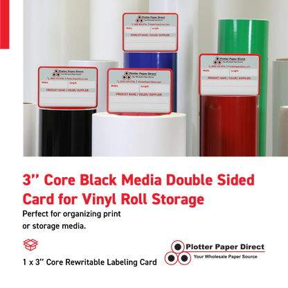 Black MediaCards for Vinyl Roll Storage – Writable Labeling Cards for 3" Core Rolls – Double-Sided Design with Fields for Product & Order Info