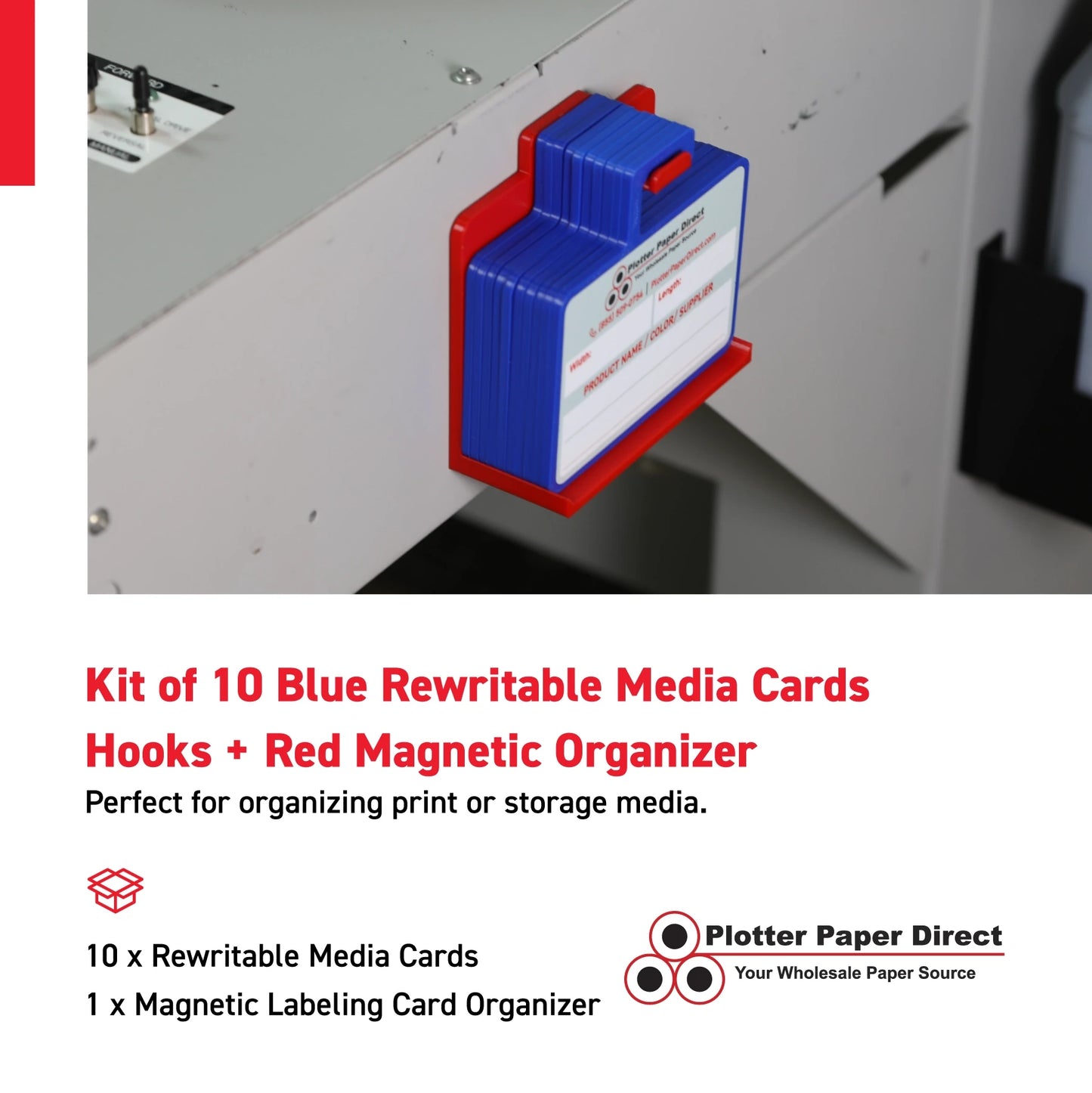 Kit of 10 Blue Rewritable MediaCards Hooks + Red Magnetic Wall Organizer – Dry-Erase Labeling Kit for Vinyl Roll Storage in Print & Sign Shops
