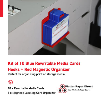 Kit of 10 Blue Rewritable MediaCards Hooks + Red Magnetic Wall Organizer – Dry-Erase Labeling Kit for Vinyl Roll Storage in Print & Sign Shops