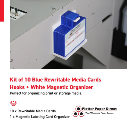 Kit of 10 Blue Rewritable MediaCards Hooks + White Magnetic Wall Organizer – Dry-Erase Labeling Kit for Vinyl Roll Storage in Print & Sign Shops