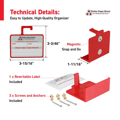 Kit of 10 Red Rewritable MediaCards Hooks + Red Magnetic Wall Organizer – Dry-Erase Labeling Kit for Vinyl Roll Storage in Print & Sign Shops