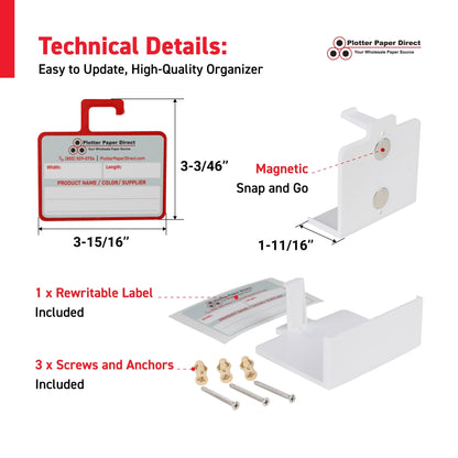 Kit of 10 Red Rewritable MediaCards Hooks + White Magnetic Wall Organizer – Dry-Erase Labeling Kit for Vinyl Roll Storage in Print & Sign Shops