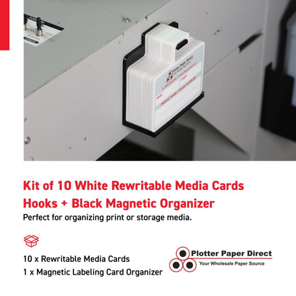 Kit of 10 White Rewritable MediaCards Hooks + Black Magnetic Wall Organizer – Dry-Erase Labeling Kit for Vinyl Roll Storage in Print & Sign Shops